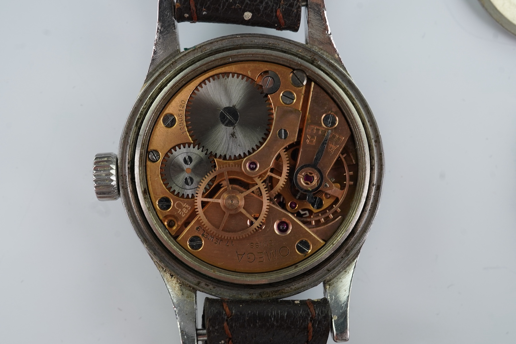 A gentleman's stainless steel Omega R.A.F. issue 6B/542 British military manual wind wrist watch, issued only in 1953